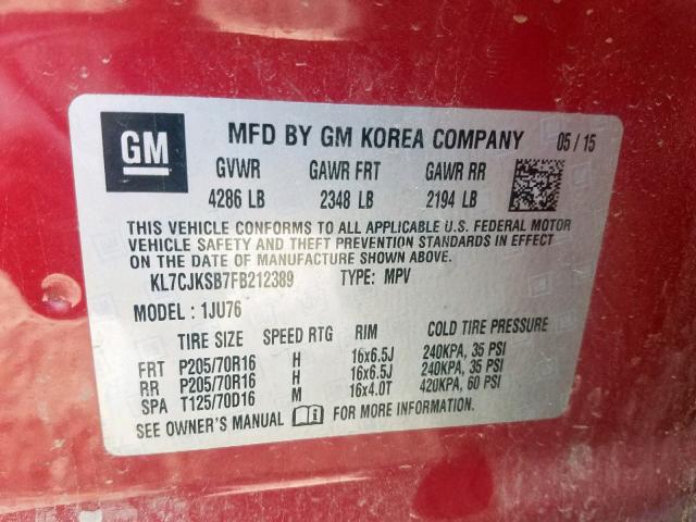 KL7CJKSB7FB212389 - 2015 CHEVROLET TRAX LS RED photo 10