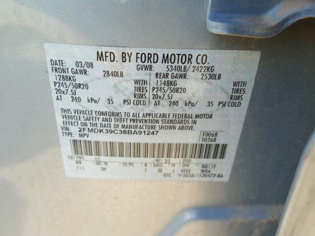 2FMDK39C38BA91247 - 2008 FORD EDGE LIMIT BLUE photo 10