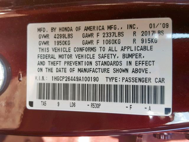 1HGCP26449A100190 - 2009 HONDA ACCORD LXP BURGUNDY photo 10