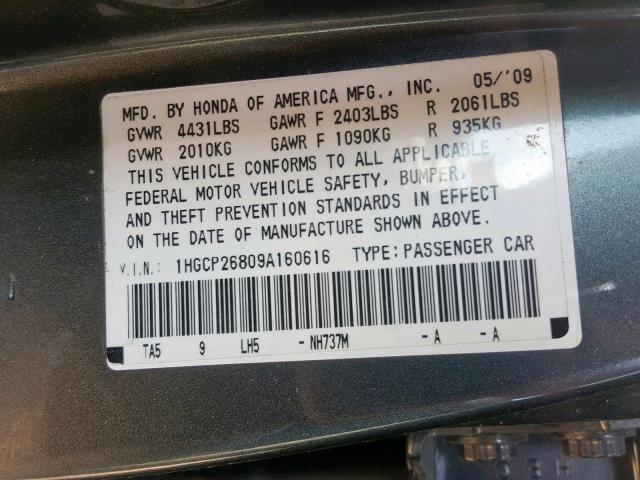 1HGCP26809A160616 - 2009 HONDA ACCORD EXL GRAY photo 10