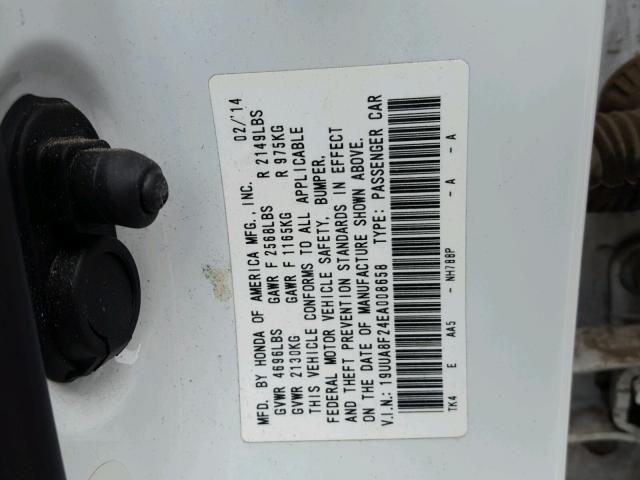 19UUA8F24EA008658 - 2014 ACURA TL WHITE photo 10