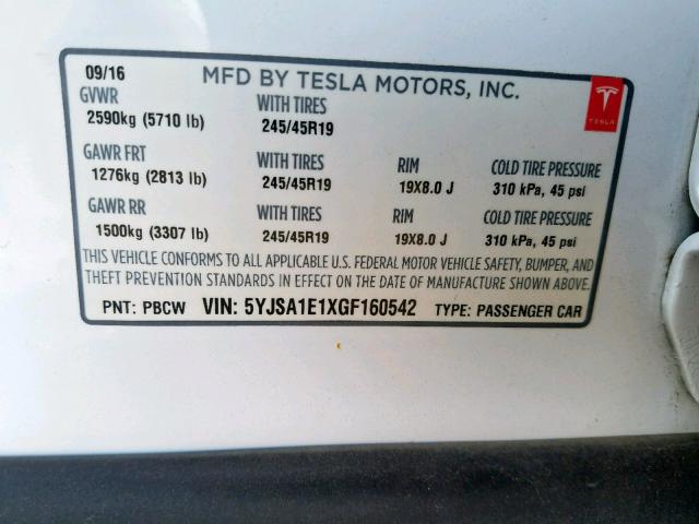 5YJSA1E1XGF160542 - 2016 TESLA MODEL S WHITE photo 10