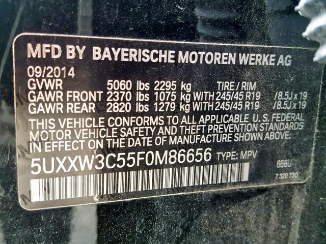 5UXXW3C55F0M86656 - 2015 BMW X4 XDRIVE2 BLACK photo 10