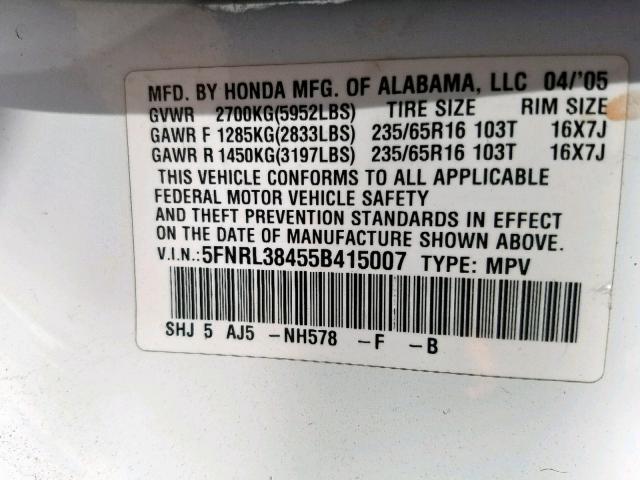 5FNRL38455B415007 - 2005 HONDA ODYSSEY EX WHITE photo 10