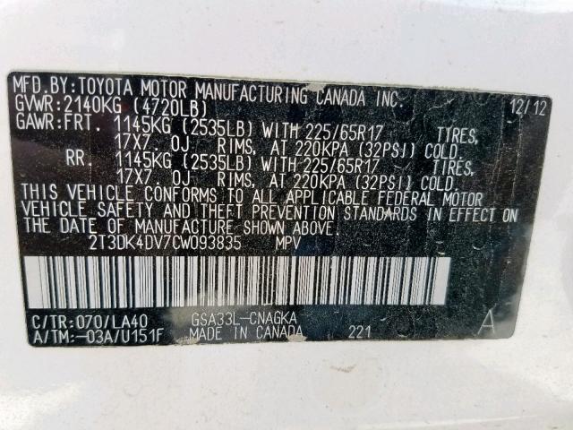 2T3DK4DV7CW093835 - 2012 TOYOTA RAV4 LIMIT WHITE photo 10