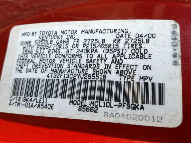 4T3ZF13C2YU285518 - 2000 TOYOTA SIENNA LE RED photo 10