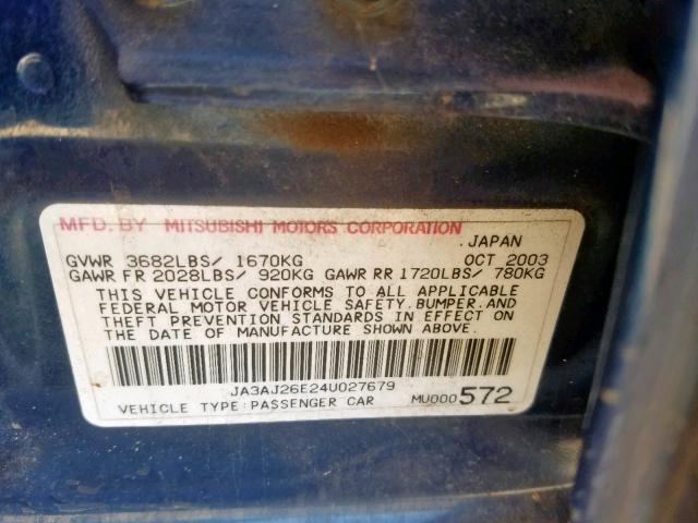 JA3AJ26E24U027679 - 2004 MITSUBISHI LANCER ES BLUE photo 10