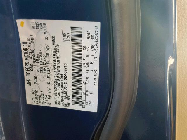 1FMEU64E16ZA09213 - 2006 FORD EXPLORER E BLUE photo 10