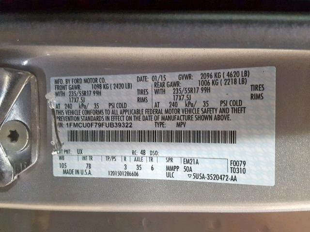 1FMCU0F79FUB39322 - 2015 FORD ESCAPE S SILVER photo 10