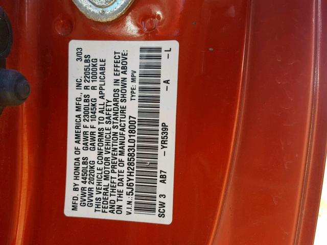 5J6YH28583L018007 - 2003 HONDA ELEMENT EX ORANGE photo 10