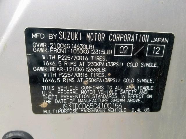 JS3TD0D65C4100156 - 2012 SUZUKI GRAND VITA SILVER photo 10