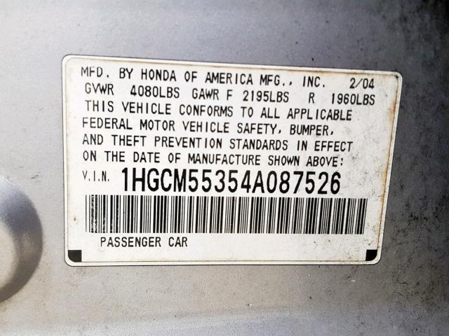 1HGCM55354A087526 - 2004 HONDA ACCORD LX SILVER photo 10