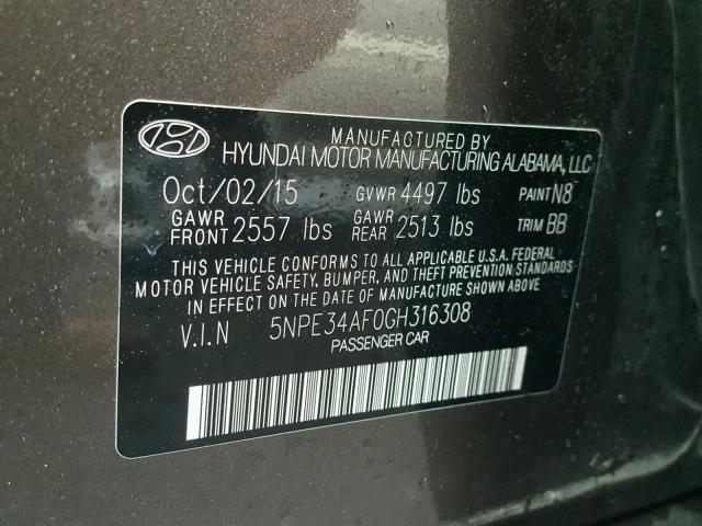 5NPE34AF0GH316308 - 2016 HYUNDAI SONATA SPO BROWN photo 10