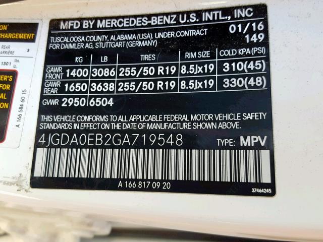 4JGDA0EB2GA719548 - 2016 MERCEDES-BENZ GLE 300D 4 WHITE photo 10