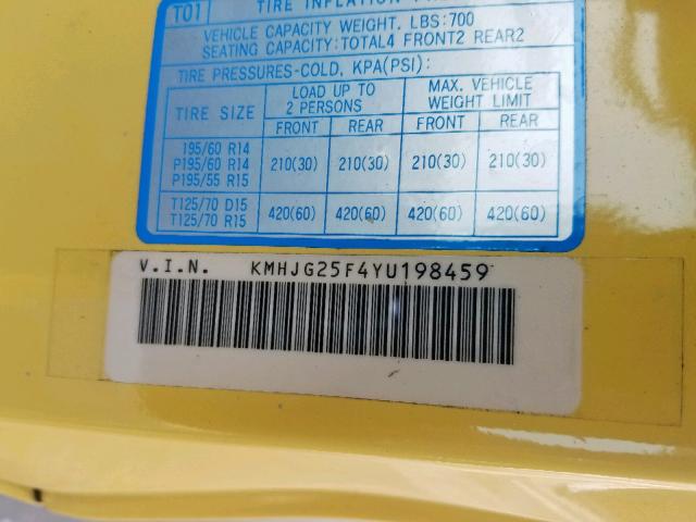 KMHJG25F4YU198459 - 2000 HYUNDAI TIBURON YELLOW photo 10