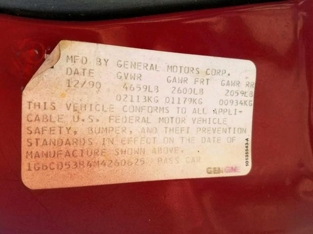 1G6CD53B4M4260625 - 1991 CADILLAC DEVILLE RED photo 10