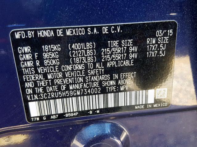 3CZRU5H59GM734002 - 2016 HONDA HR-V EX BLUE photo 10