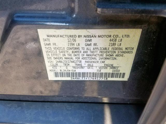 1N4BL21E17N412758 - 2007 NISSAN ALTIMA 3.5 GRAY photo 10