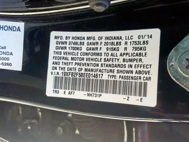 19XFB2F58EE014617 - 2014 HONDA CIVIC LX BLACK photo 10