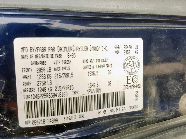 1D4GP25R65B418168 - 2005 DODGE CARAVAN SE BLUE photo 10