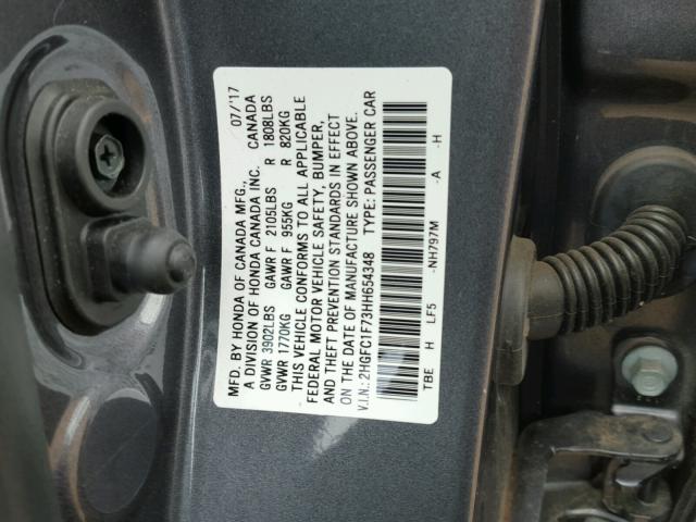 2HGFC1F73HH654348 - 2017 HONDA CIVIC EXL GRAY photo 10