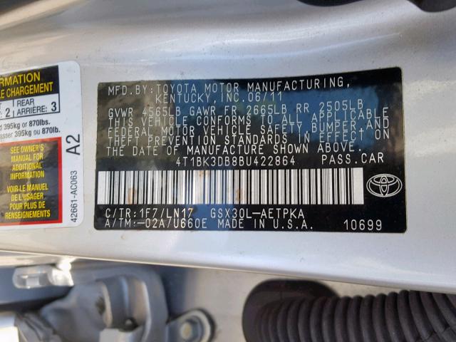 4T1BK3DB8BU422864 - 2011 TOYOTA AVALON BAS SILVER photo 10