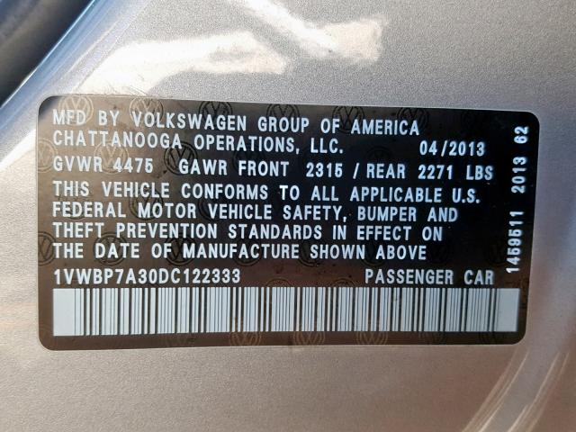 1VWBP7A30DC122333 - 2013 VOLKSWAGEN PASSAT SE SILVER photo 10