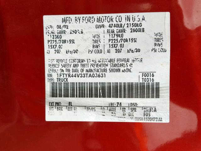 1FTYR44V33TA03631 - 2003 FORD RANGER SUP RED photo 10