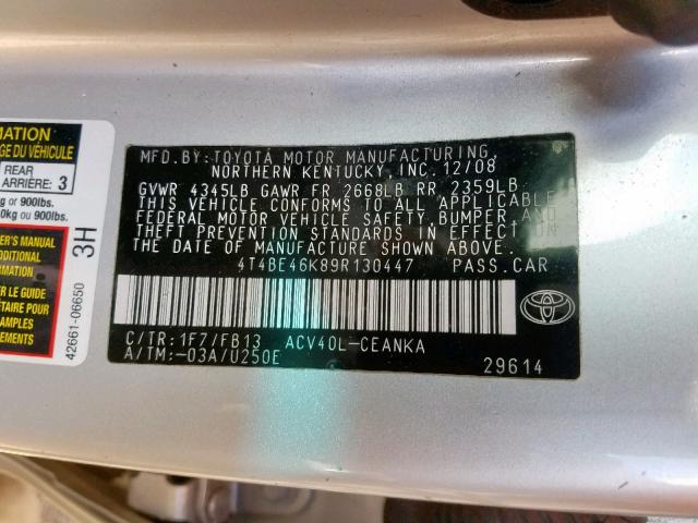 4T4BE46K89R130447 - 2009 TOYOTA CAMRY BASE SILVER photo 10