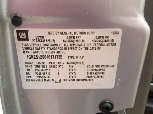 1GKES12S646171735 - 2004 GMC ENVOY XUV SILVER photo 10