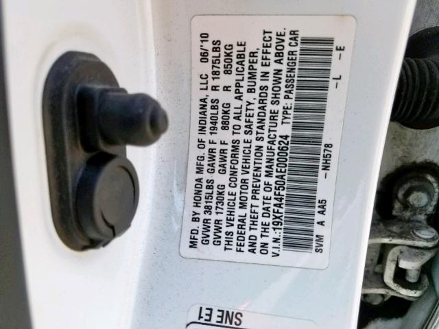 19XFA4F50AE000624 - 2010 HONDA CIVIC GX WHITE photo 10