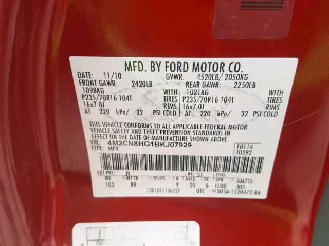 4M2CN8HG1BKJ07929 - 2011 MERCURY MARINER PR RED photo 10