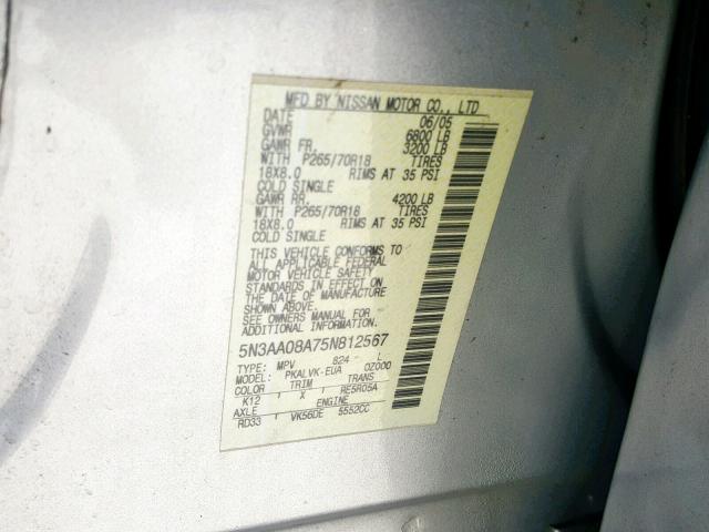 5N3AA08A75N812567 - 2005 INFINITI QX56 SILVER photo 10