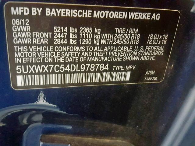 5UXWX7C54DL978784 - 2013 BMW X3 XDRIVE3 BLUE photo 10