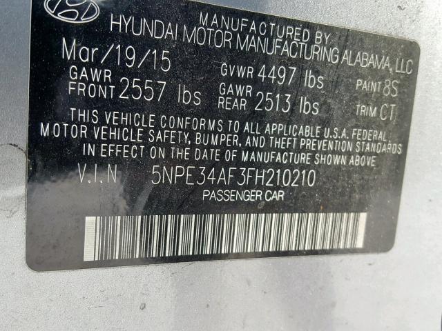 5NPE34AF3FH210210 - 2015 HYUNDAI SONATA SPO SILVER photo 10