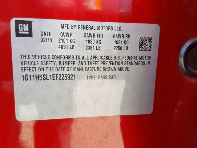 1G11H5SL1EF226921 - 2014 CHEVROLET MALIBU LTZ წითელი ფოტო 10