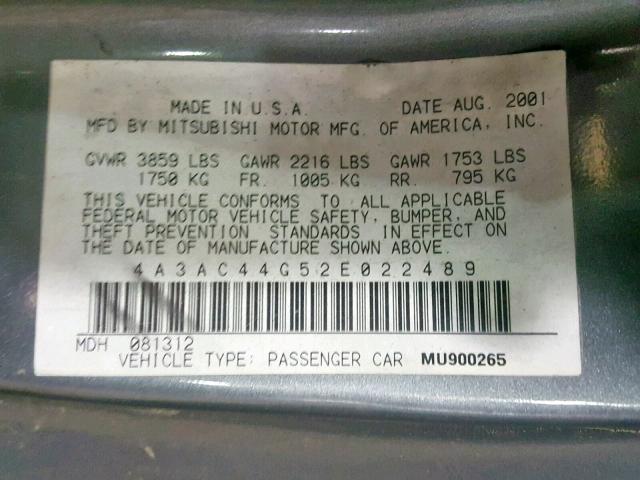 4A3AC44G52E022489 - 2002 MITSUBISHI ECLIPSE GS GRAY photo 10