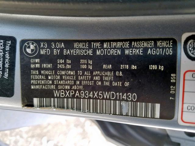 WBXPA934X5WD11430 - 2005 BMW X3 3.0I BLUE photo 10