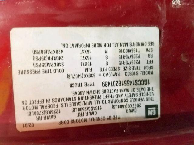 1GCCS145518207439 - 2001 CHEVROLET S TRUCK S1 RED photo 10