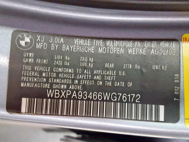 WBXPA93466WG76172 - 2006 BMW X3 3.0I GRAY photo 10