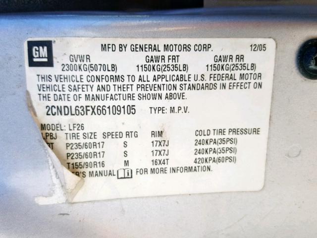 2CNDL63FX66109105 - 2006 CHEVROLET EQUINOX LT SILVER photo 10