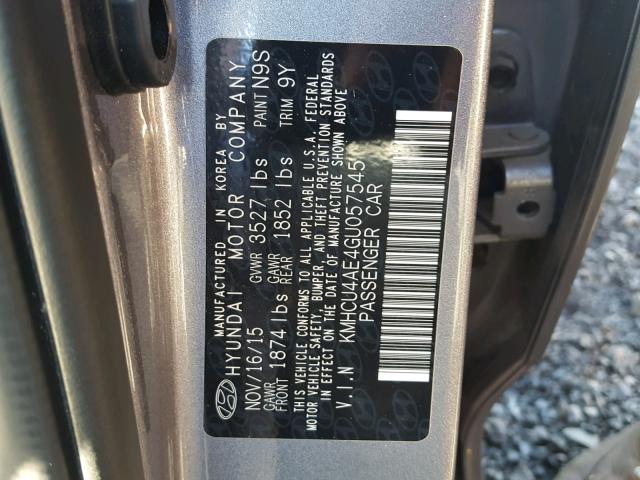 KMHCU4AE4GU057545 - 2016 HYUNDAI ACCENT SE GRAY photo 10