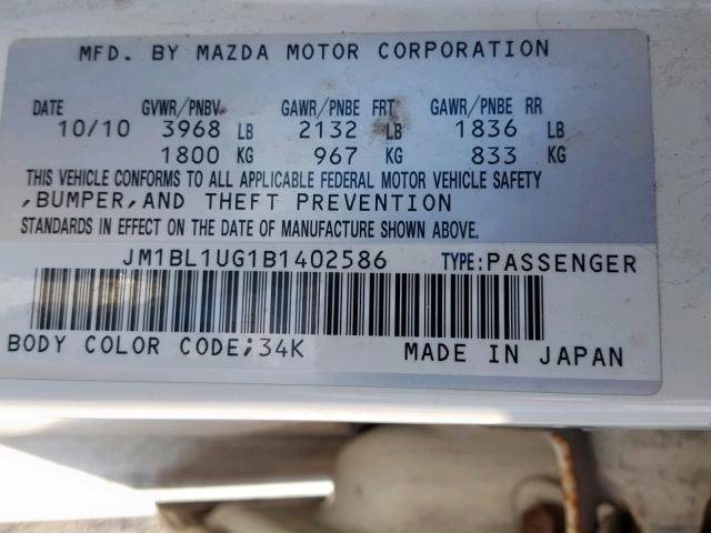 JM1BL1UG1B1402586 - 2011 MAZDA 3 I WHITE photo 10