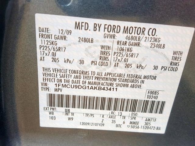 1FMCU9DG1AKB43411 - 2010 FORD ESCAPE XLT BLUE photo 10