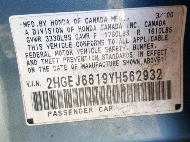 2HGEJ6619YH562932 - 2000 HONDA CIVIC BASE BLUE photo 10