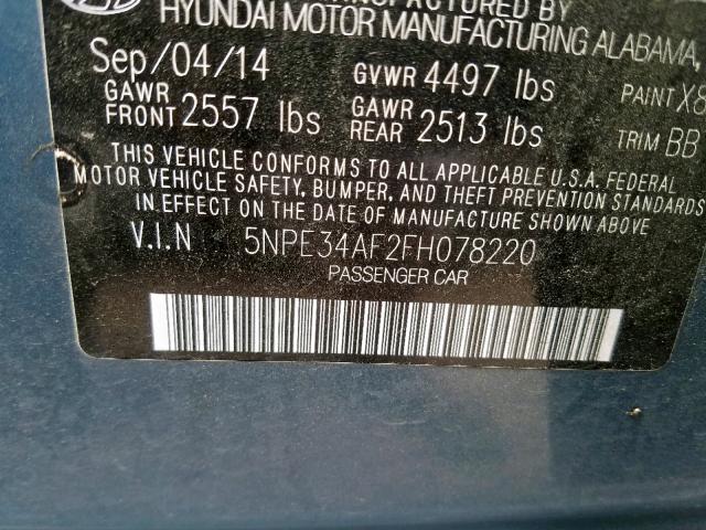 5NPE34AF2FH078220 - 2015 HYUNDAI SONATA SPO BLUE photo 10