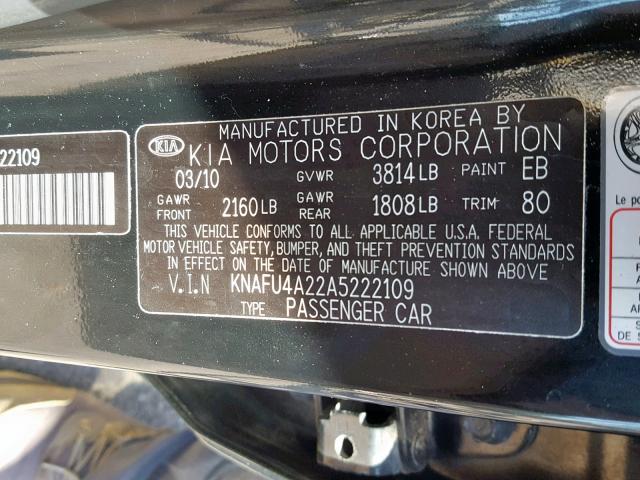 KNAFU4A22A5222109 - 2010 KIA FORTE EX BLACK photo 10