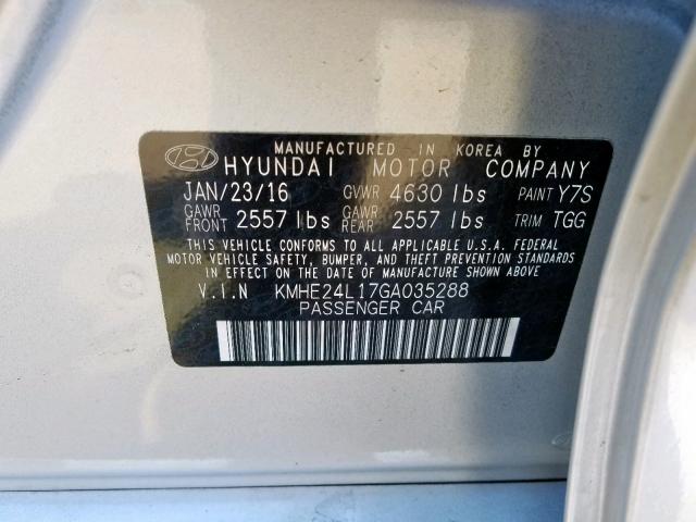 KMHE24L17GA035288 - 2016 HYUNDAI SONATA HYB SILVER photo 10