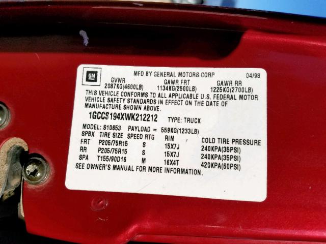 1GCCS194XWK212212 - 1998 CHEVROLET S TRUCK S1 RED photo 10