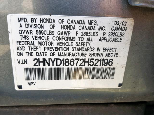 2HNYD18672H521196 - 2002 ACURA MDX TOURIN GRAY photo 10